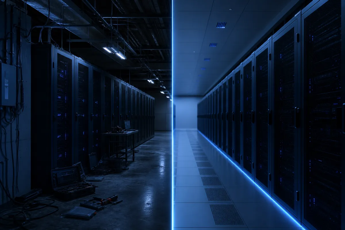 Owned server room beside a hosted data hall aisle
