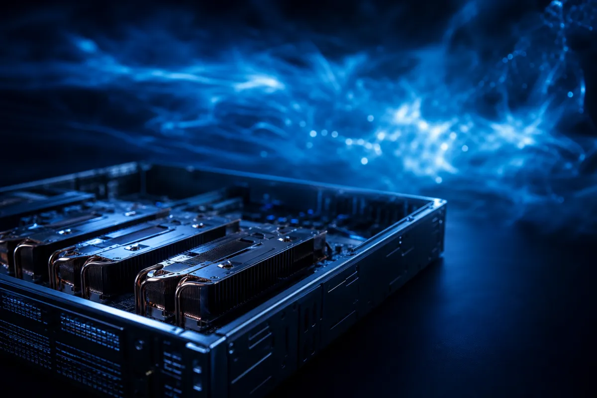 Bare-metal GPU server against an abstract cloud glow