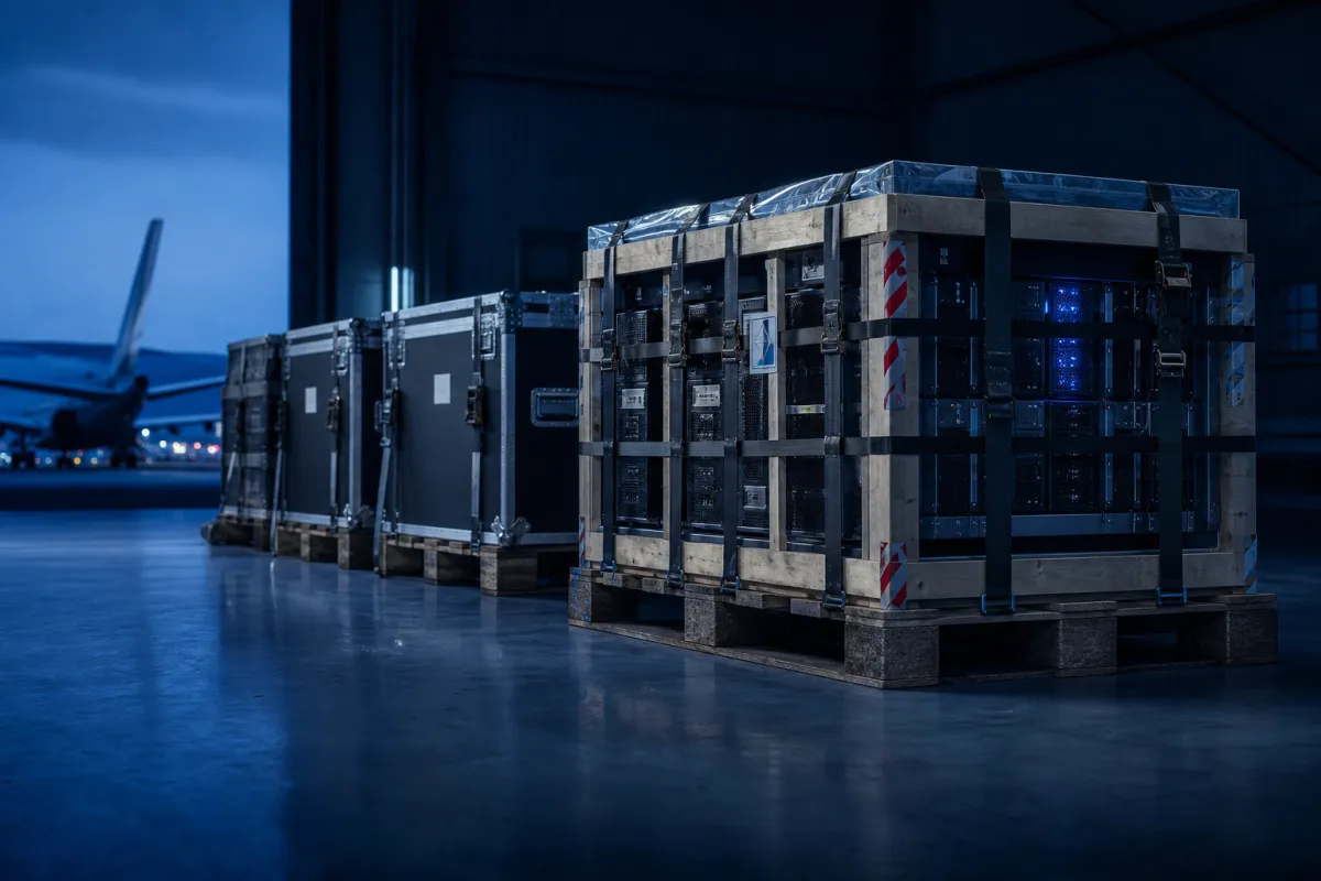 Crated GPU hardware in a bonded freight warehouse