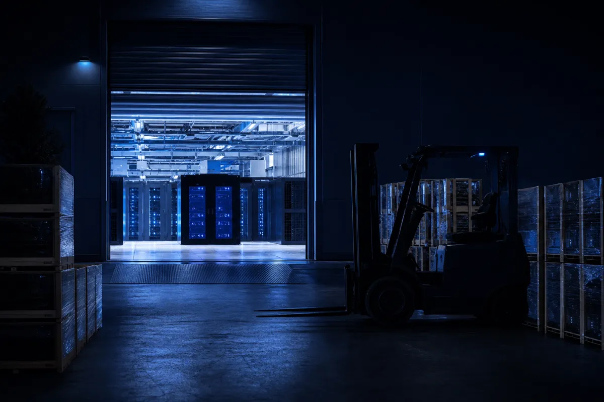 Crated GPU servers staged at a data centre loading dock
