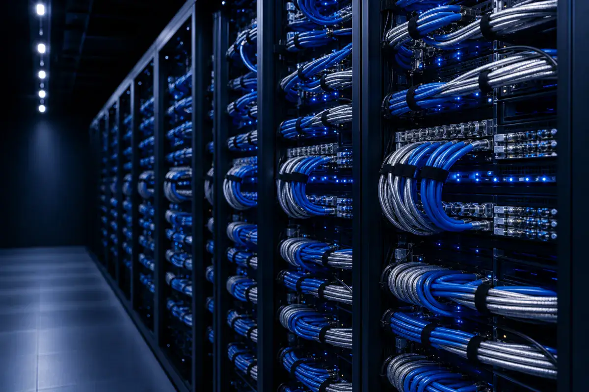 InfiniBand fabric cabling behind an AI training cluster
