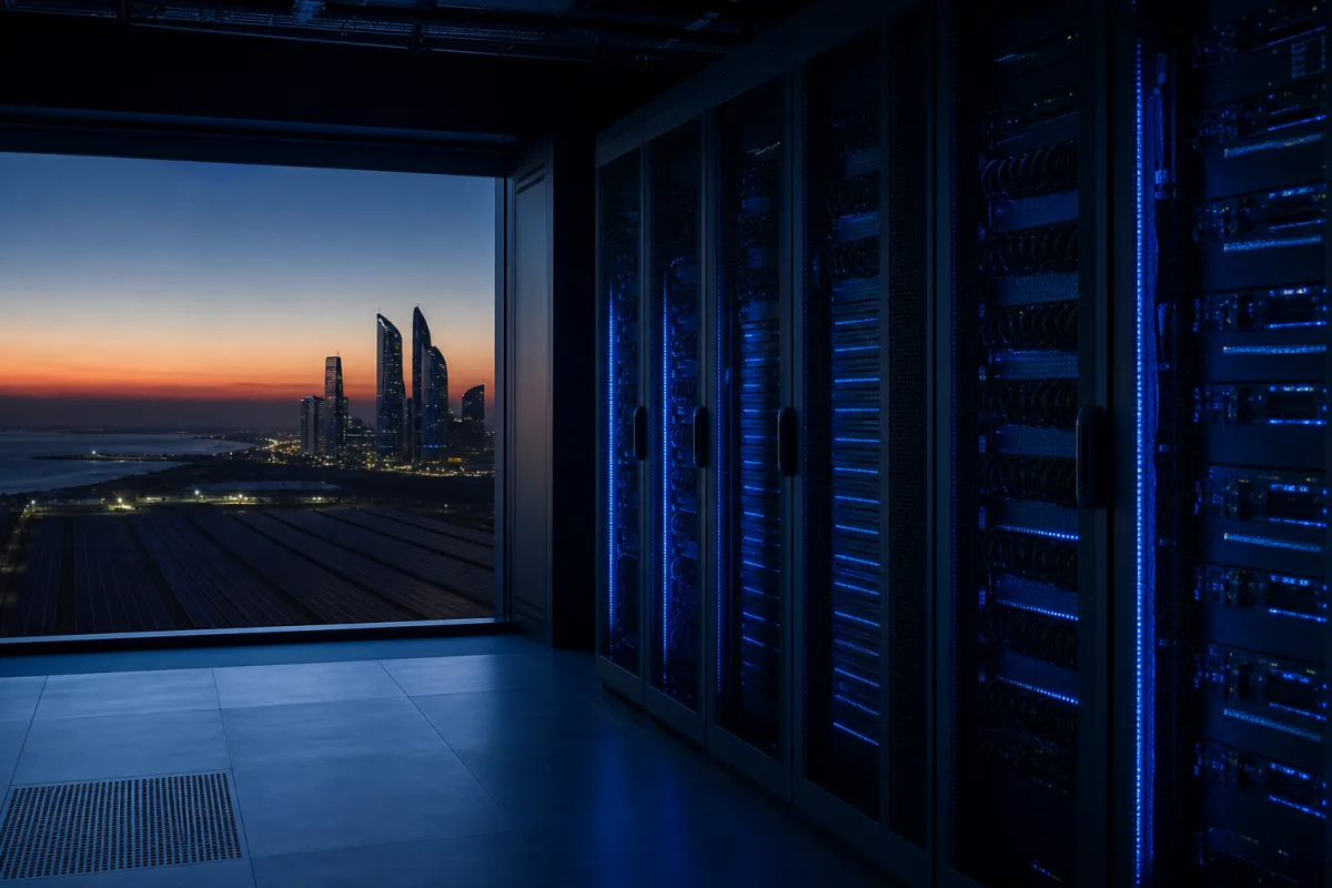 GPU racks in an Abu Dhabi data centre with Gulf architecture and solar arrays beyond