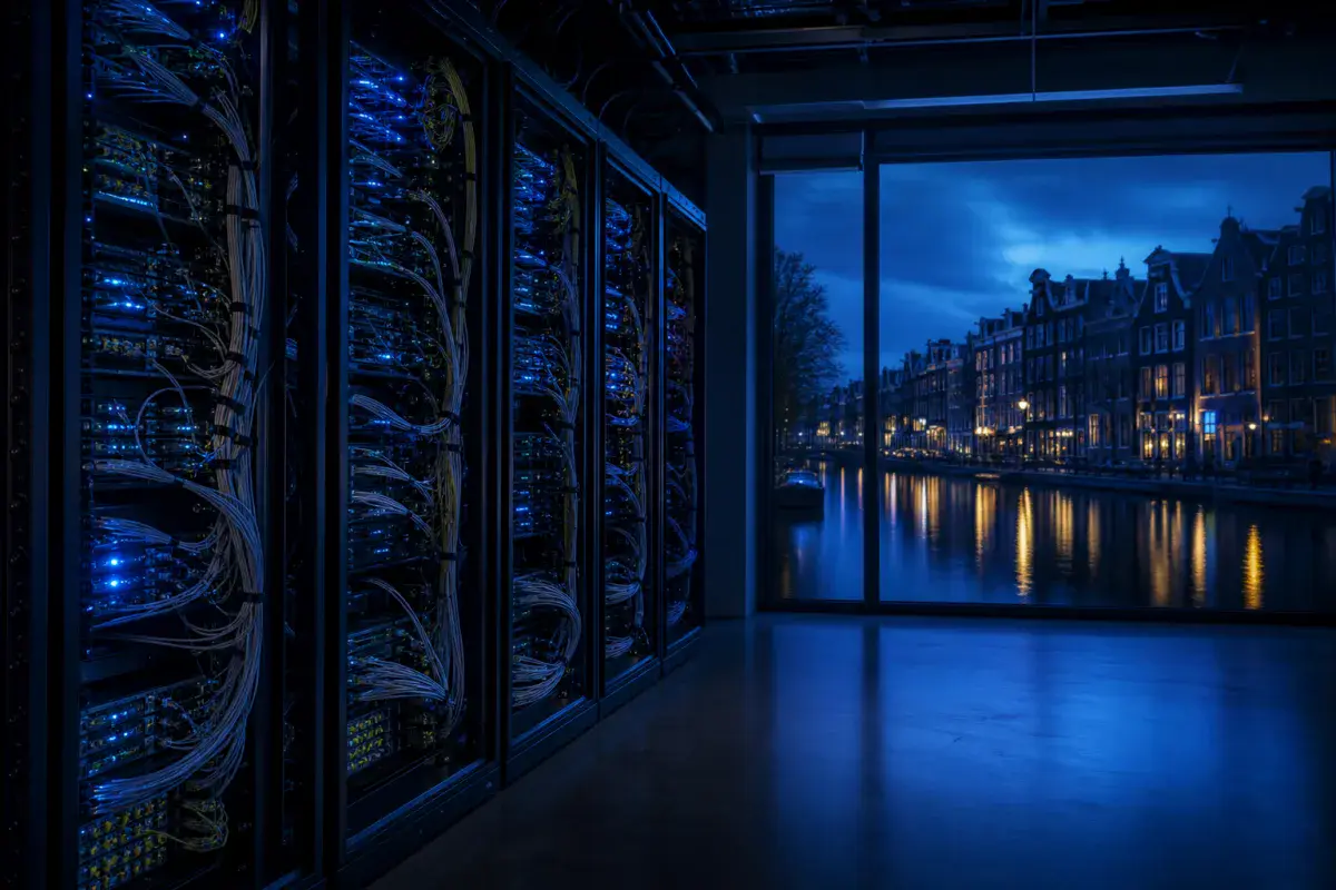 GPU racks in an Amsterdam data hall with canal architecture beyond