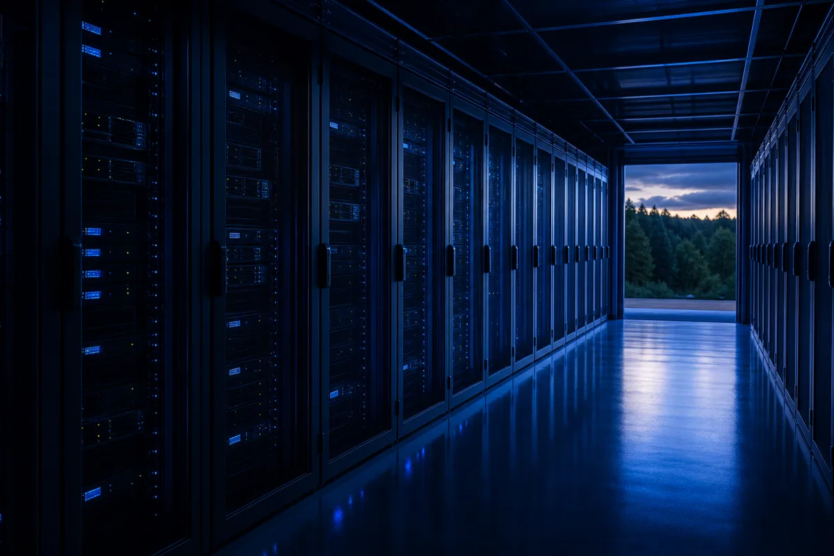Long aisle of GPU racks in a Northern Virginia data centre