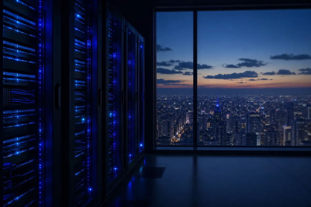 GPU racks in a Brazilian data centre with the Sao Paulo skyline beyond