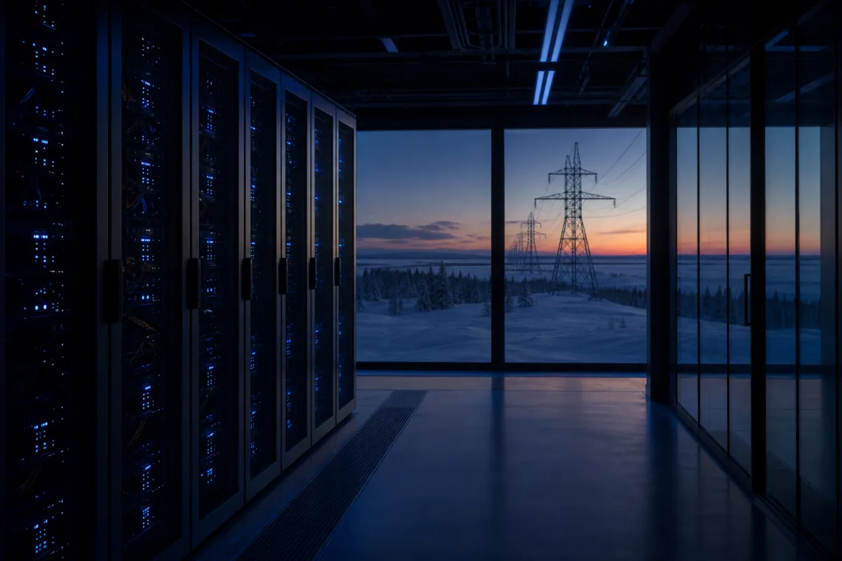 GPU racks in a Canadian data centre with snow and transmission lines beyond