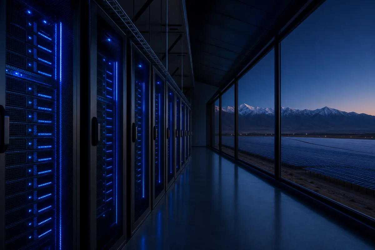 GPU racks in a Chilean data centre with Atacama solar arrays and the Andes beyond