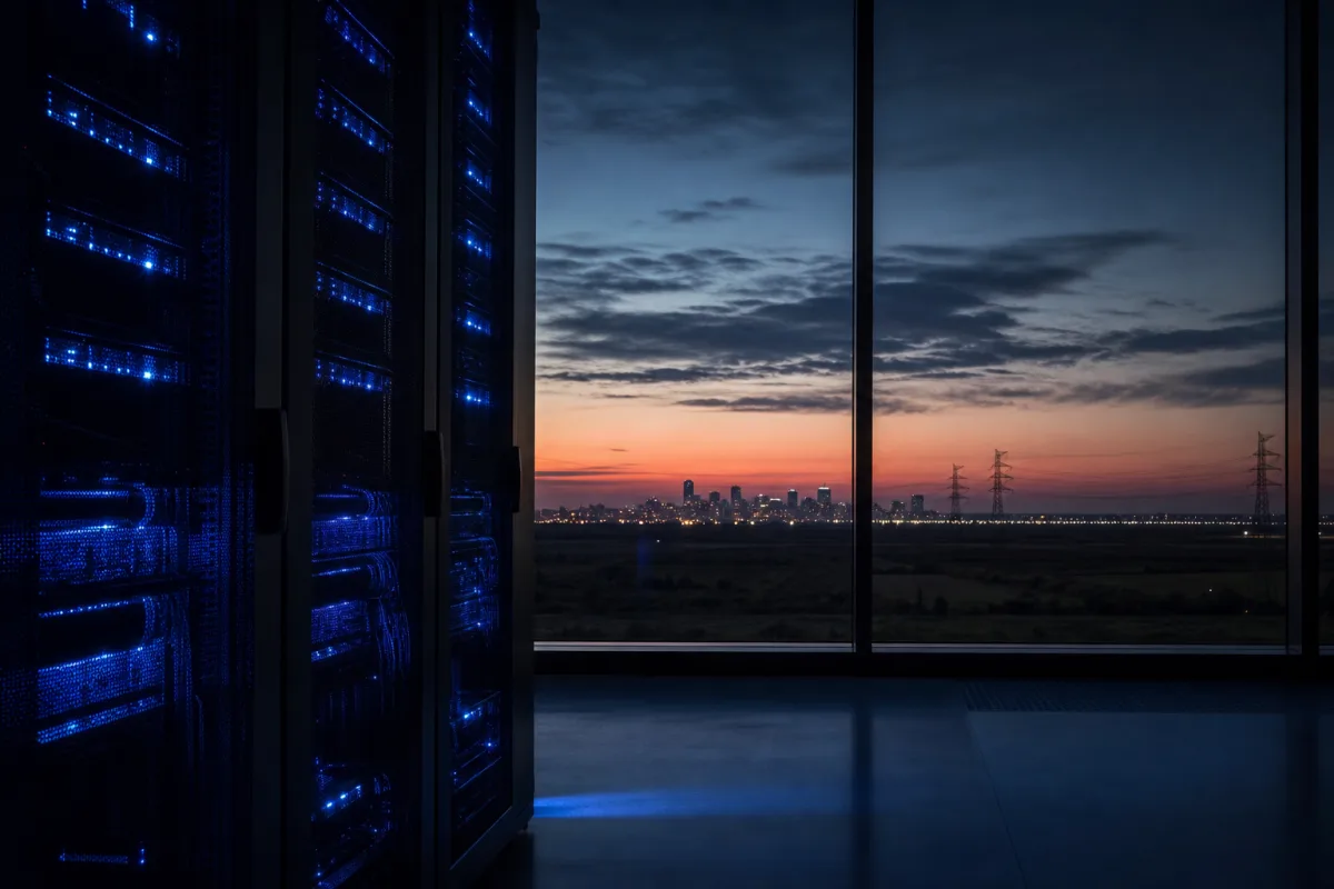 GPU racks in a Texas data hall with the Dallas horizon and transmission lines beyond