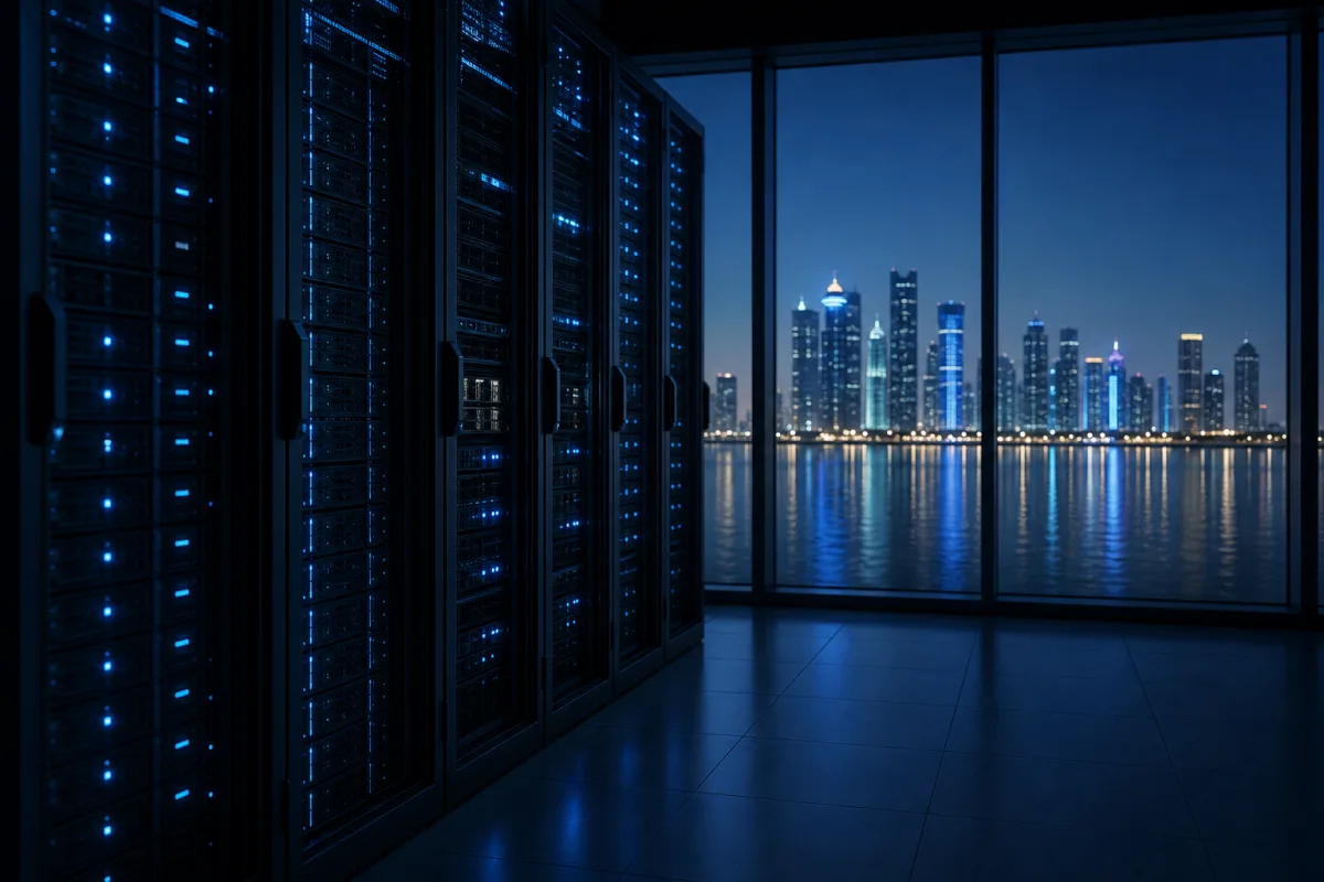 GPU racks in a Doha data centre with the bay skyline beyond