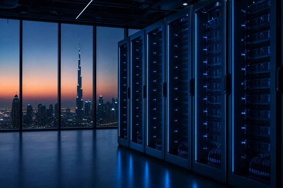 GPU racks in a Dubai data hall with the skyline against a desert dusk