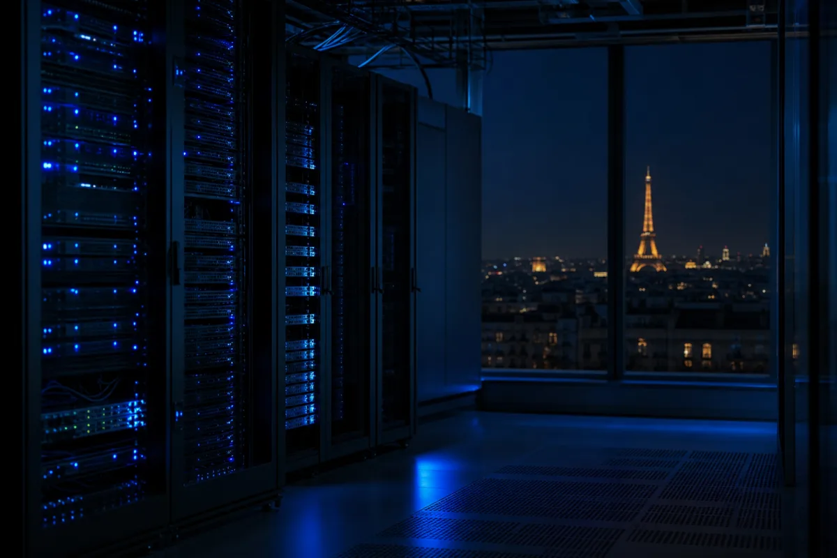 GPU racks in a French data hall with the Paris skyline beyond