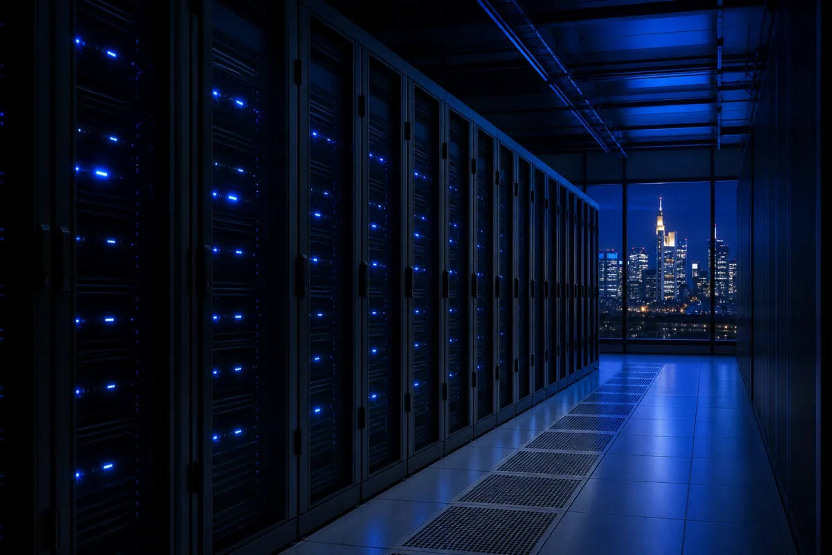 High-density GPU racks in a German data centre hall with the Frankfurt skyline beyond