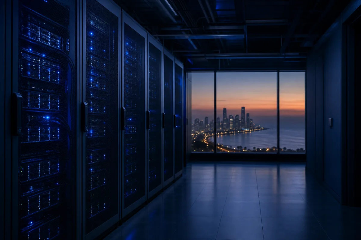 GPU racks in an Indian data centre with the Mumbai coastline beyond