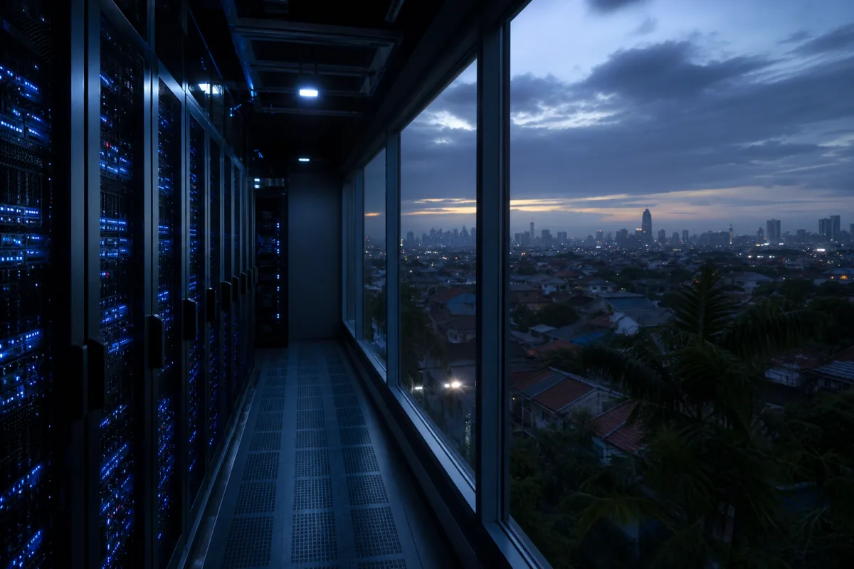 GPU racks in a Jakarta data hall with the tropical metropolis beyond