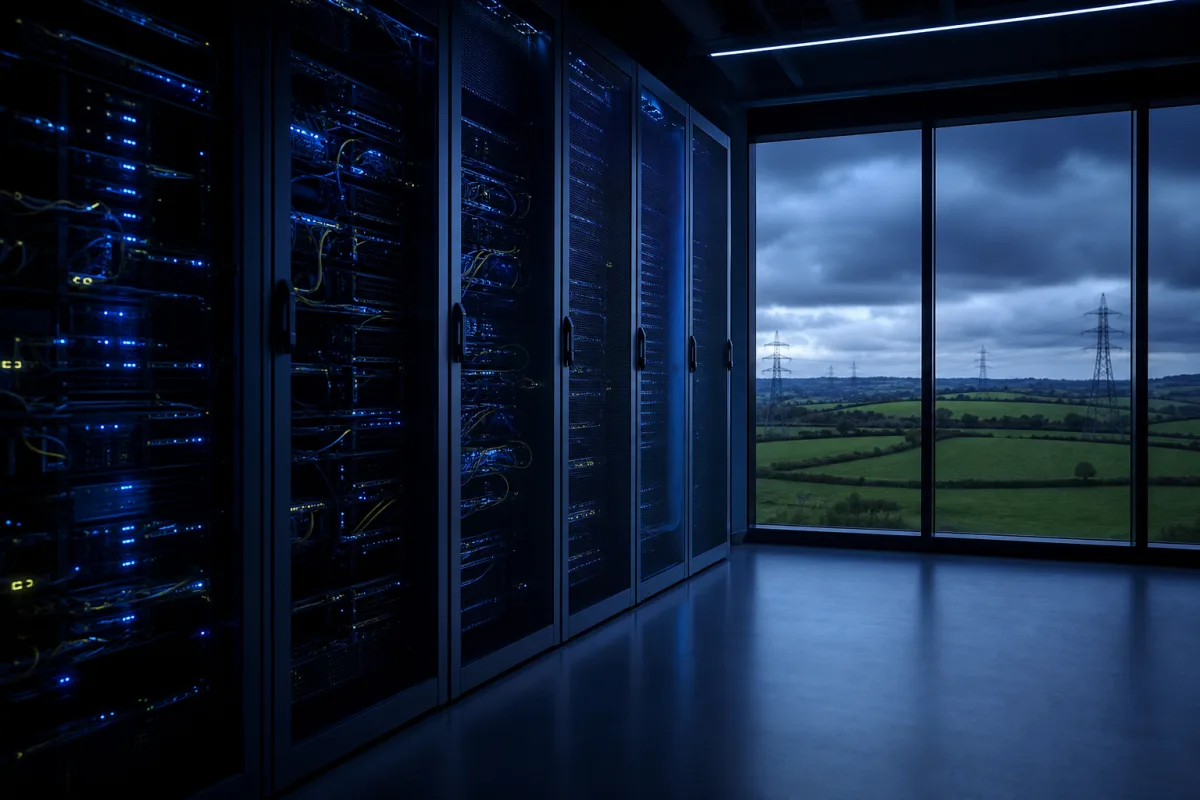 GPU racks in an Irish data centre with green fields and pylons beyond
