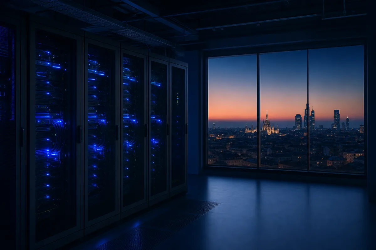 GPU racks in an Italian data hall with the Milan cityscape beyond