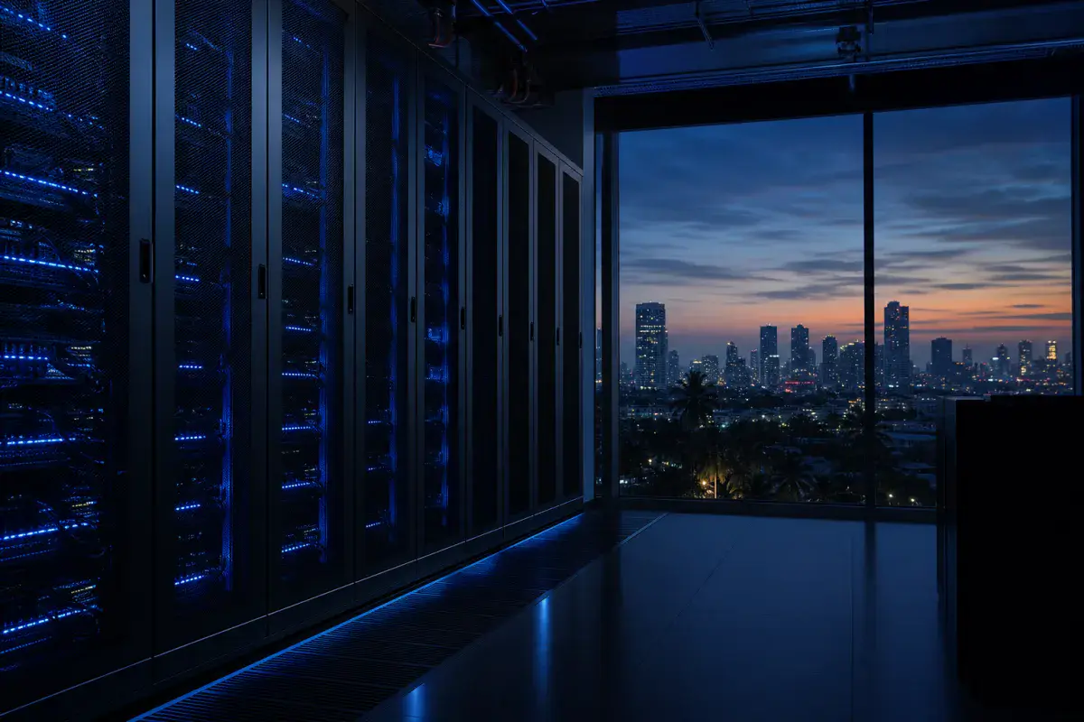 GPU racks in a Jakarta data centre with the tropical metropolis beyond