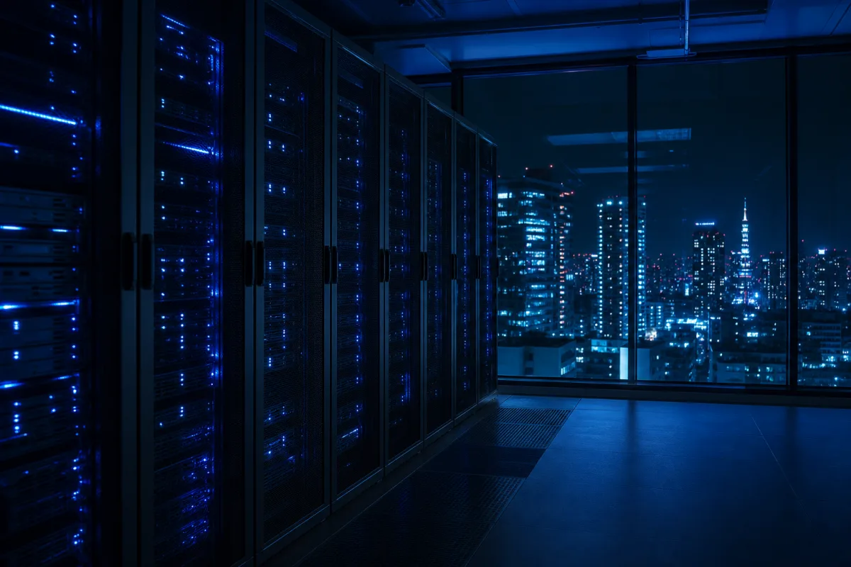 GPU racks in a Japanese data hall with the Tokyo cityscape beyond