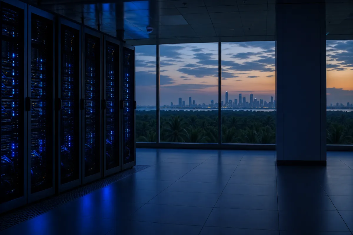 GPU racks in a Johor data hall with the strait and distant skyline beyond