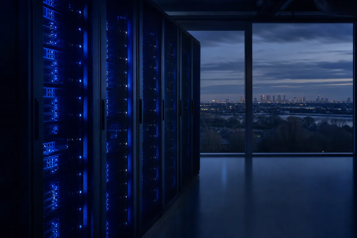 GPU racks in a west London data hall with the Thames Valley beyond