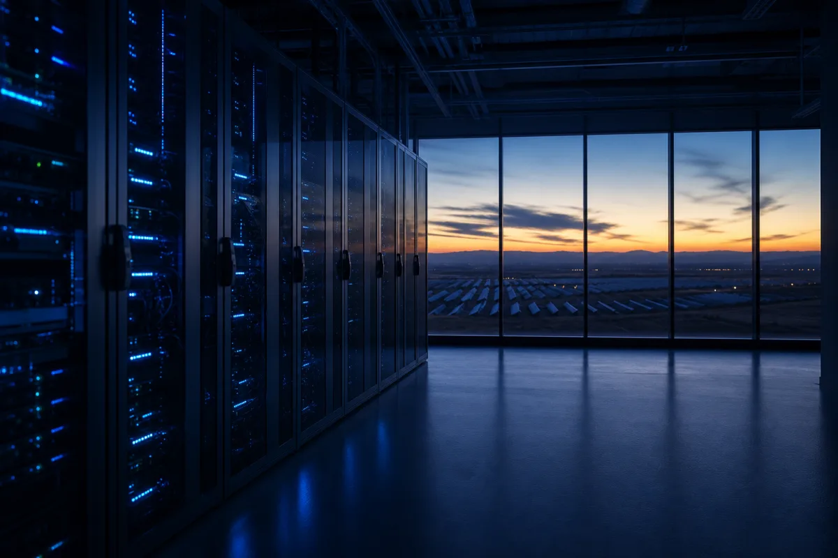 GPU racks in a Madrid data hall with the Spanish meseta and solar arrays beyond