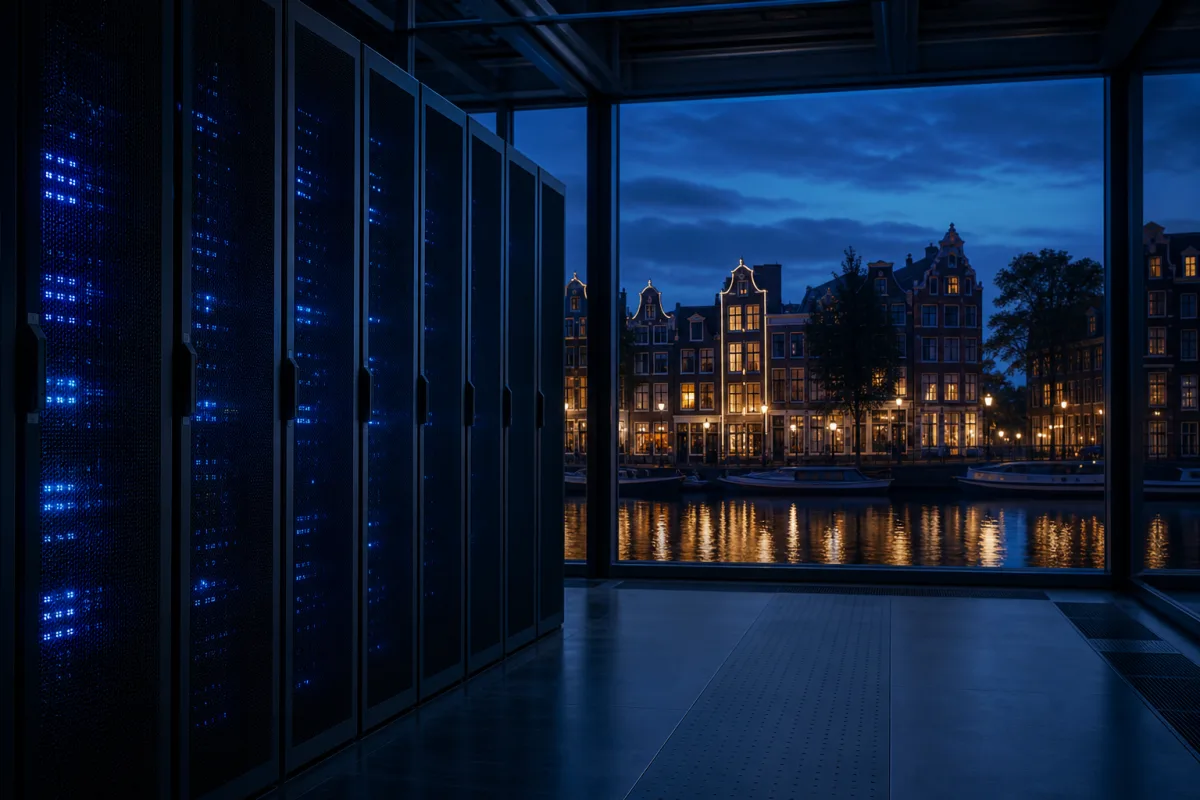 GPU racks in a Dutch data hall with Amsterdam canal architecture beyond