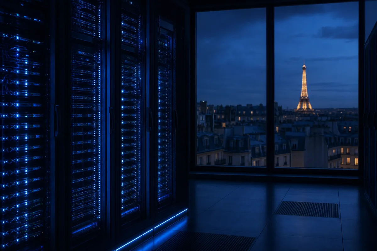 GPU racks in a Paris data hall with Haussmannian rooftops beyond