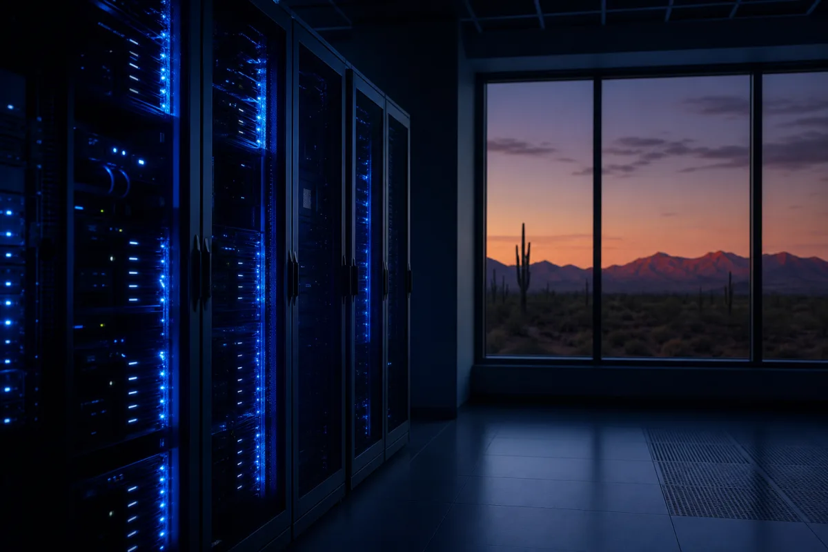 GPU racks in an Arizona data centre with the desert landscape beyond