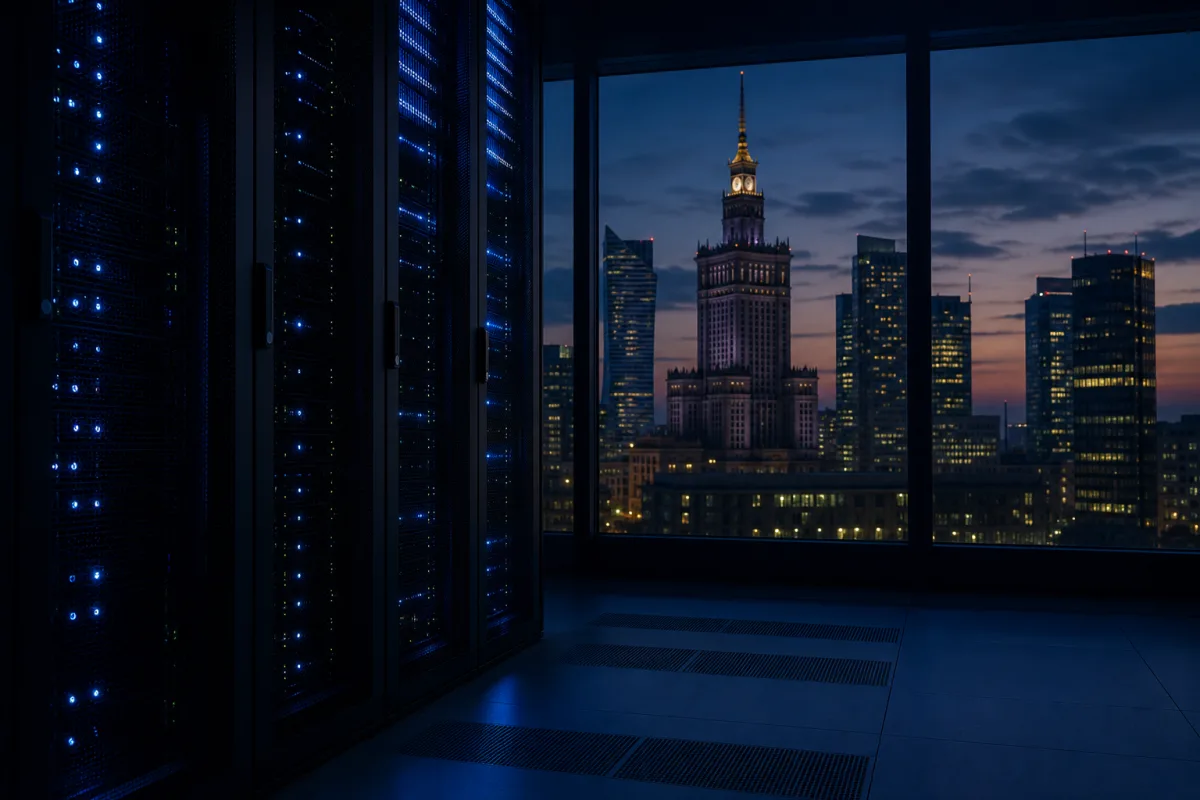 GPU racks in a Polish data hall with the Warsaw skyline beyond