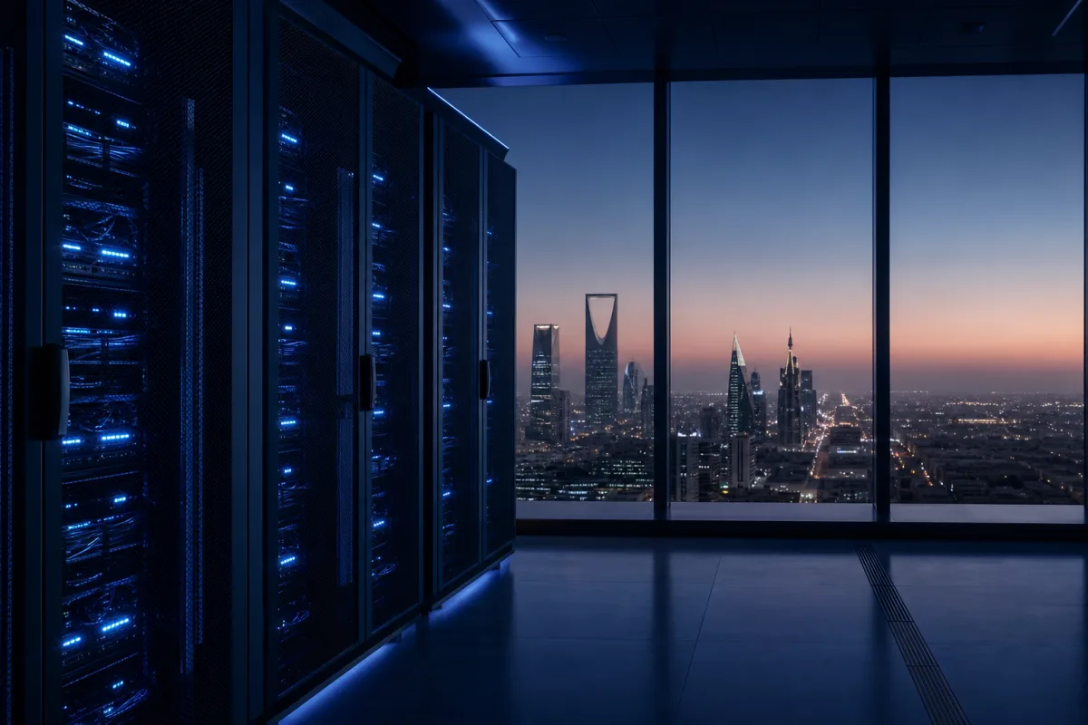 GPU racks in a Riyadh data hall with the Kingdom skyline at dusk beyond