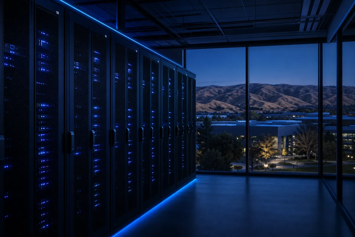 GPU racks in a Silicon Valley data hall with California hills beyond