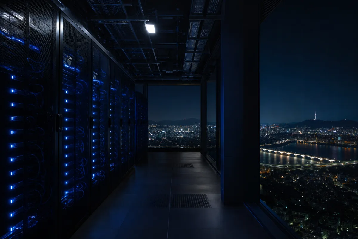 GPU racks in a Seoul data hall with the Han river skyline beyond