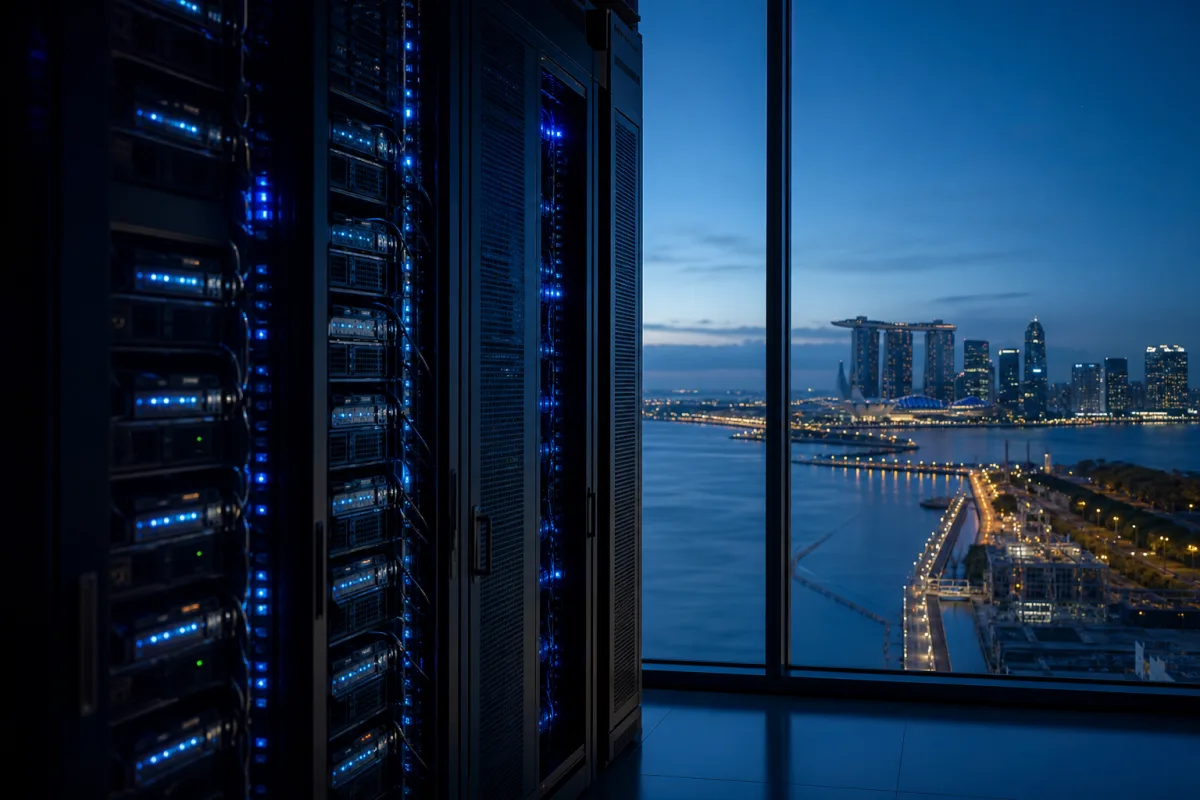 Tightly packed GPU racks in a Singapore data hall with the Marina skyline beyond