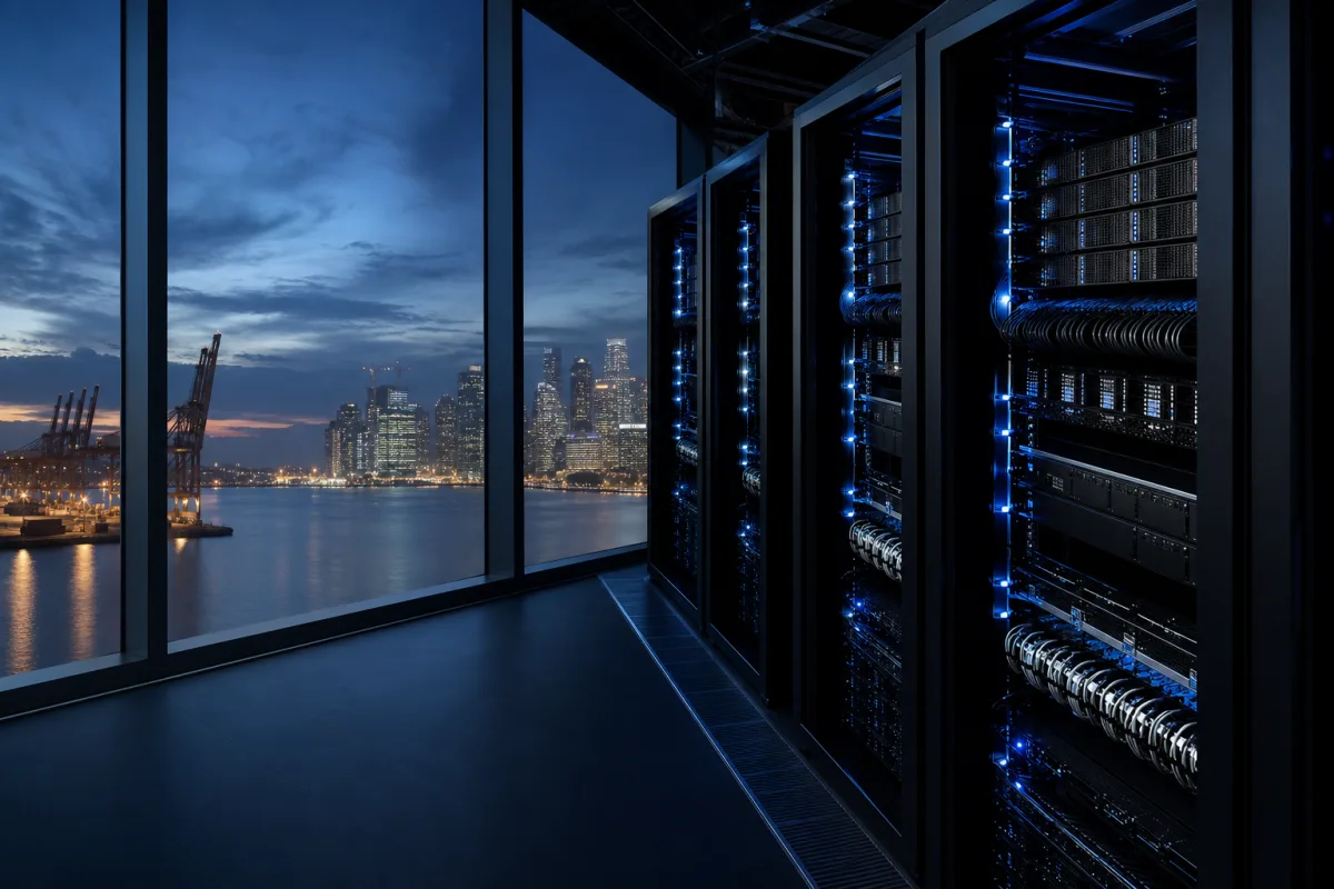 GPU racks in a Singapore data hall with the harbour skyline beyond