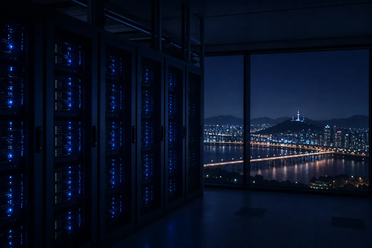 GPU racks in a Korean data hall with the Seoul skyline beyond