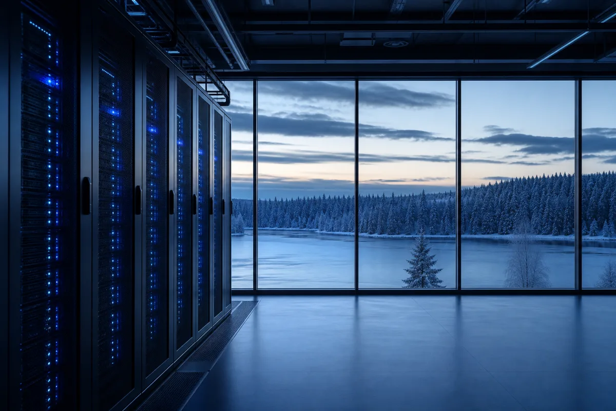GPU racks in a Nordic data hall with snow-covered forest beyond