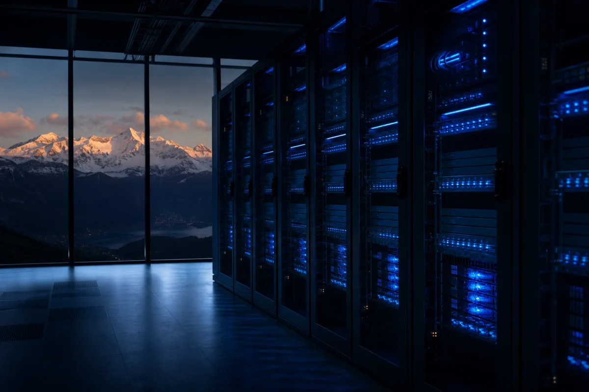 GPU racks in a Swiss data centre with alpine peaks beyond