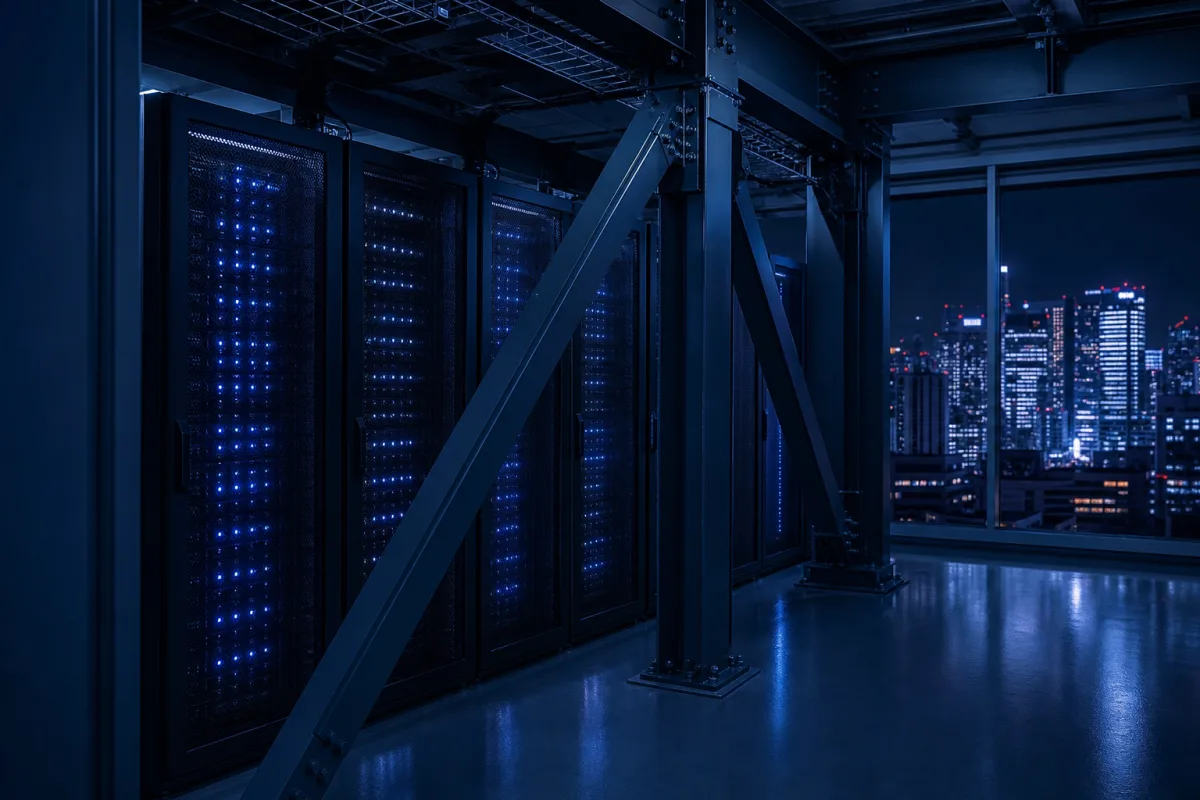 GPU racks with seismic bracing in a Tokyo data hall with the city beyond