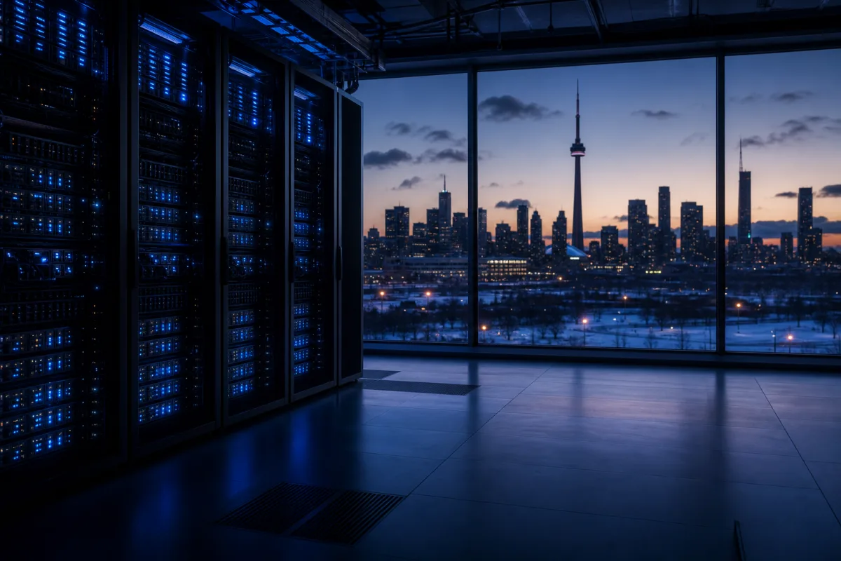 GPU racks in a Toronto data centre with the winter skyline beyond