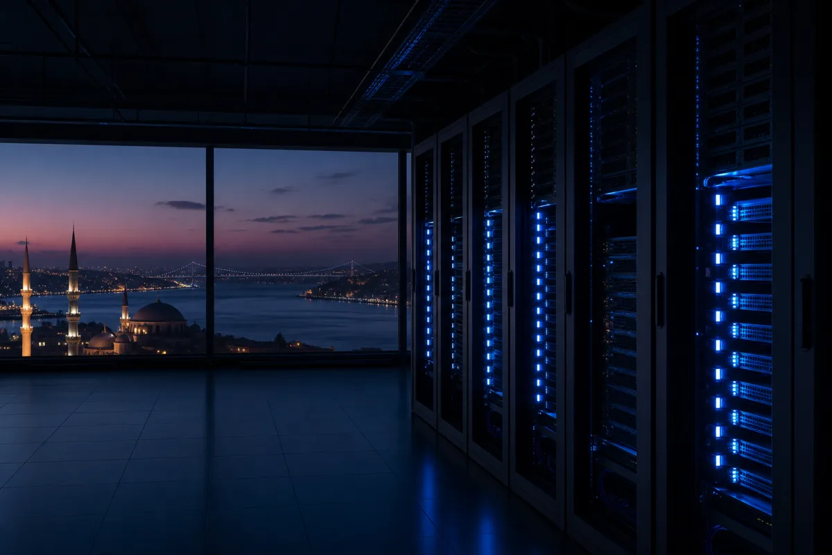 GPU racks in an Istanbul data centre with the Bosphorus beyond
