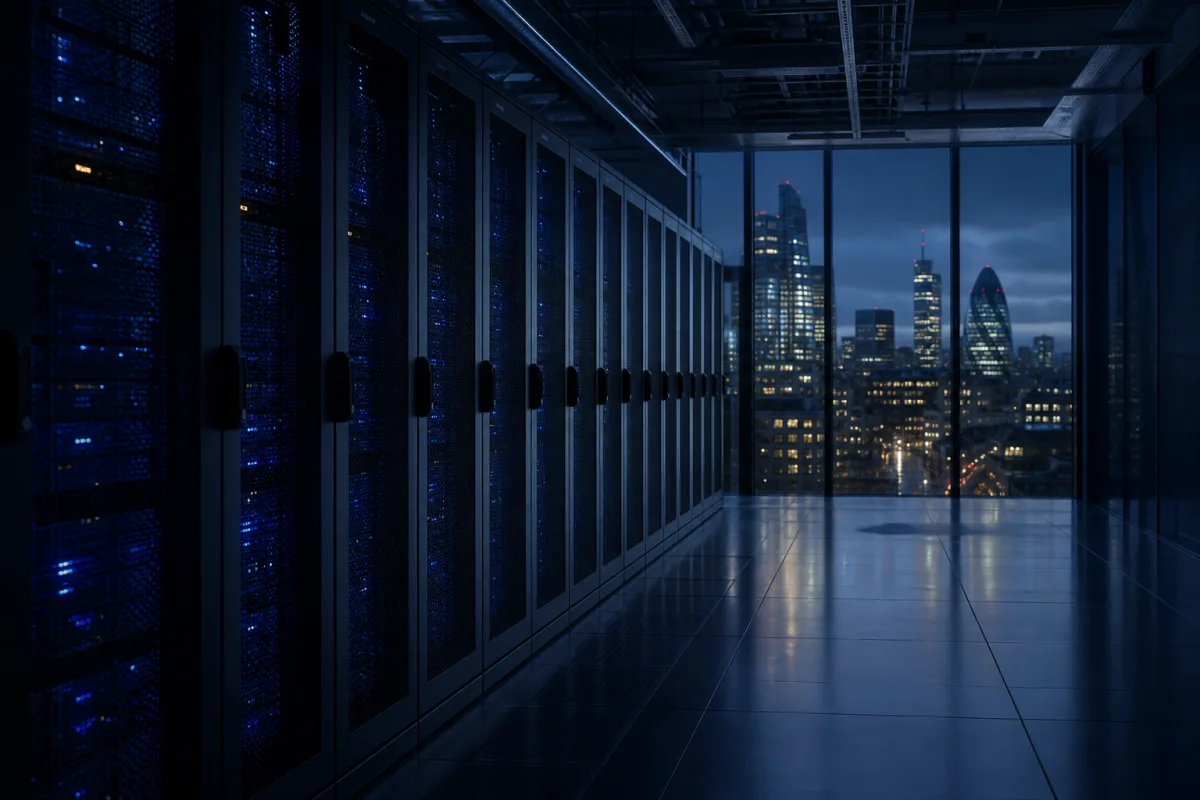 GPU racks in a British data hall with the London skyline beyond