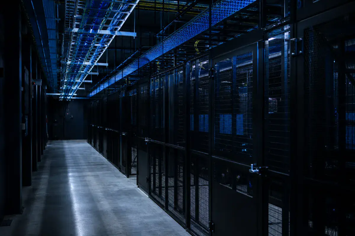 An enterprise data hall with structured cabling and secure caged suites