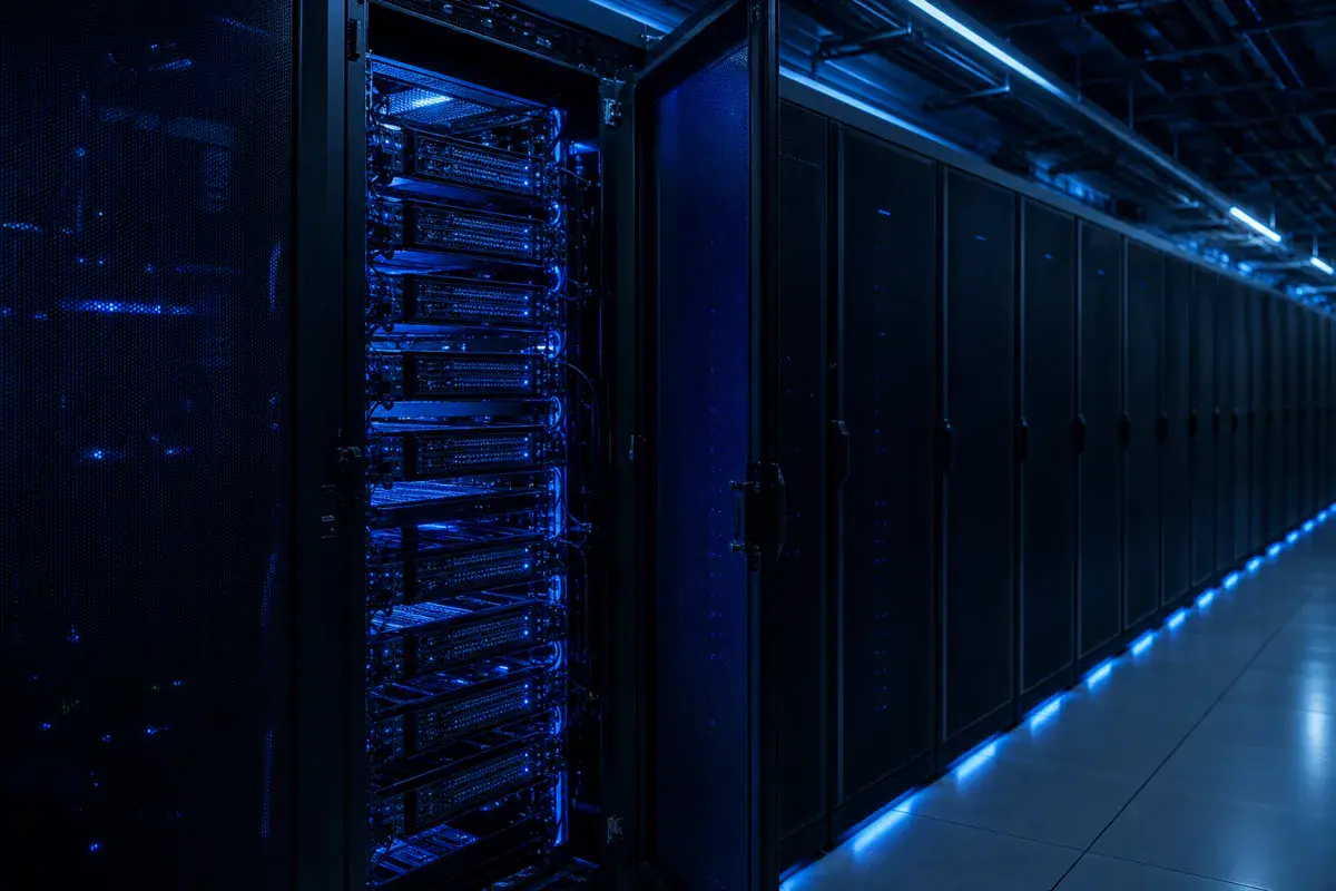 A modern GPU cloud data hall aisle with one rack door open