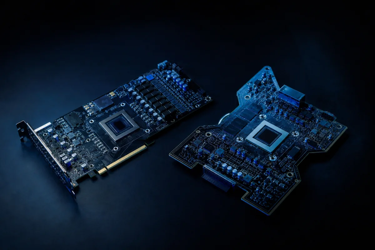 Two differently shaped accelerator boards side by side on a dark surface