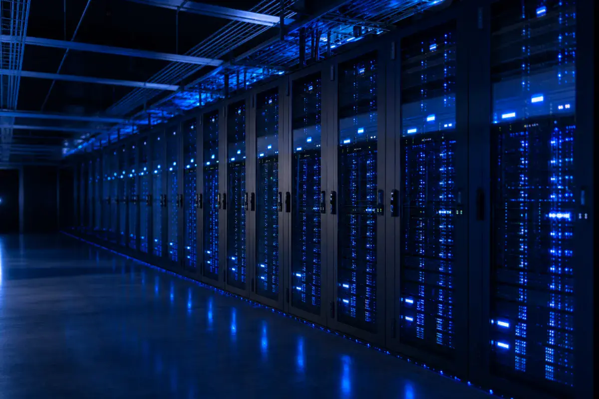 A clean GPU server room with racks receding and blue light on a polished floor