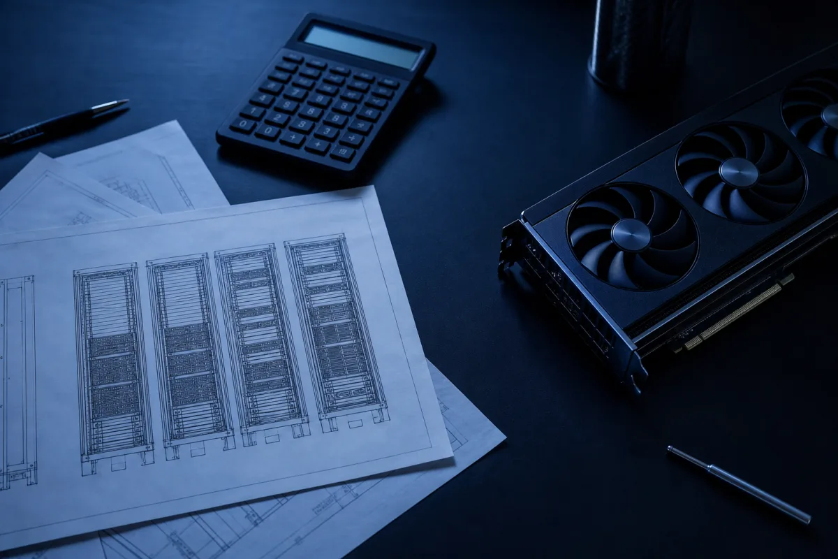 Rack elevation drawings and a GPU module on a planning desk