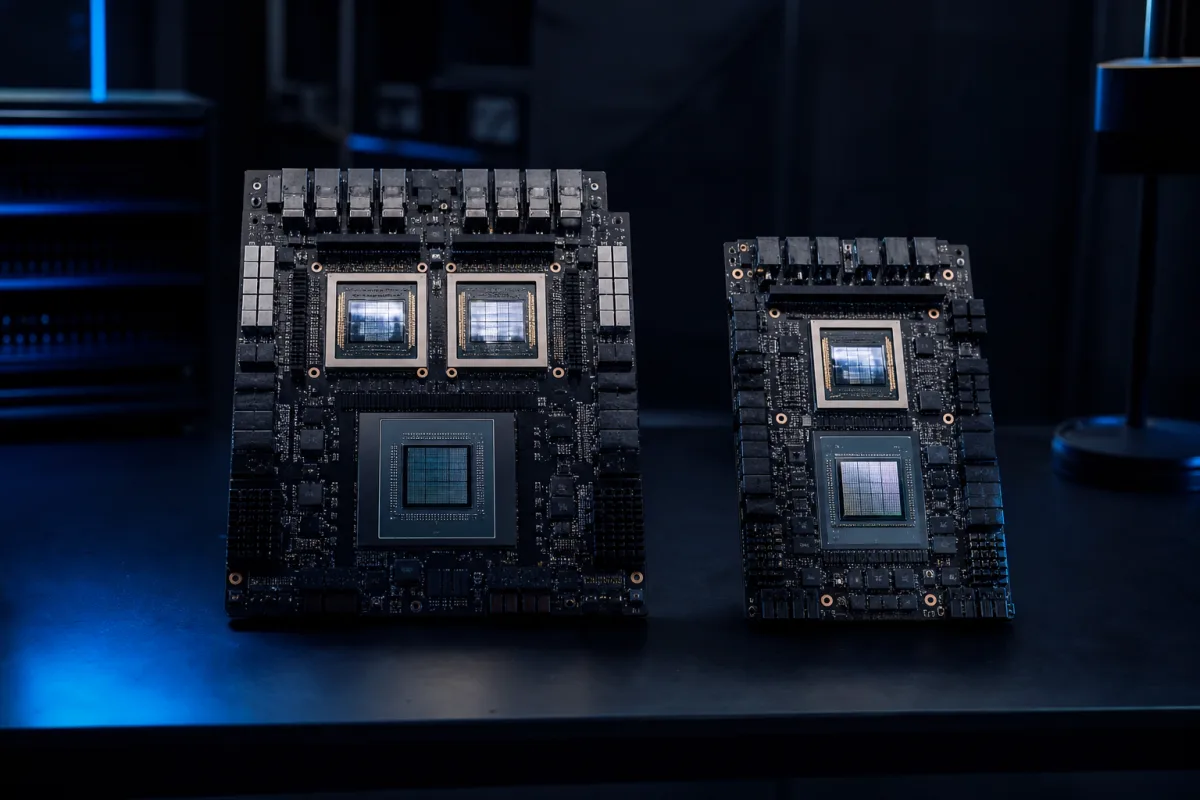 Two Blackwell-class GPU boards side by side, one noticeably denser