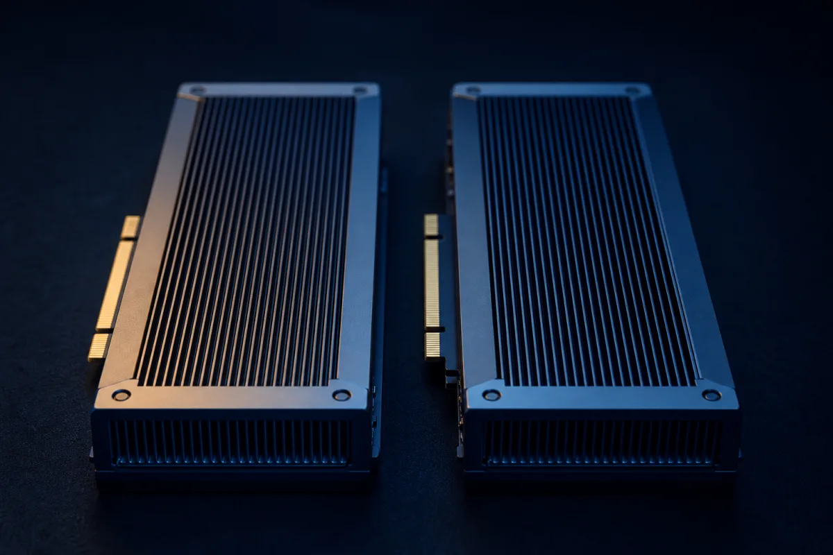 Two GPU accelerator modules side by side on a dark surface
