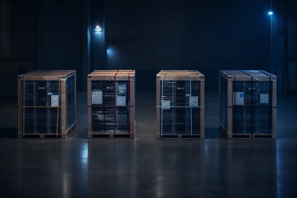 Four crated server pallets with different shipping labels in a bonded warehouse