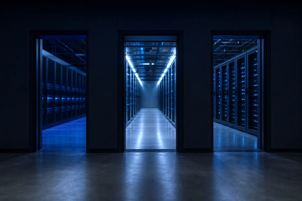 Three data hall aisles seen through three doorways, each lit differently